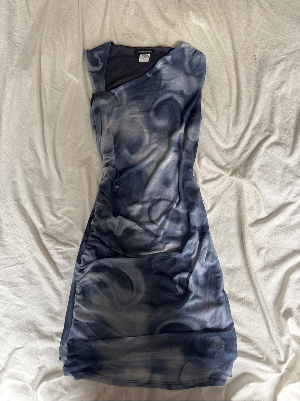 George Blue One-Shoulder Swirl lined Mesh Dress